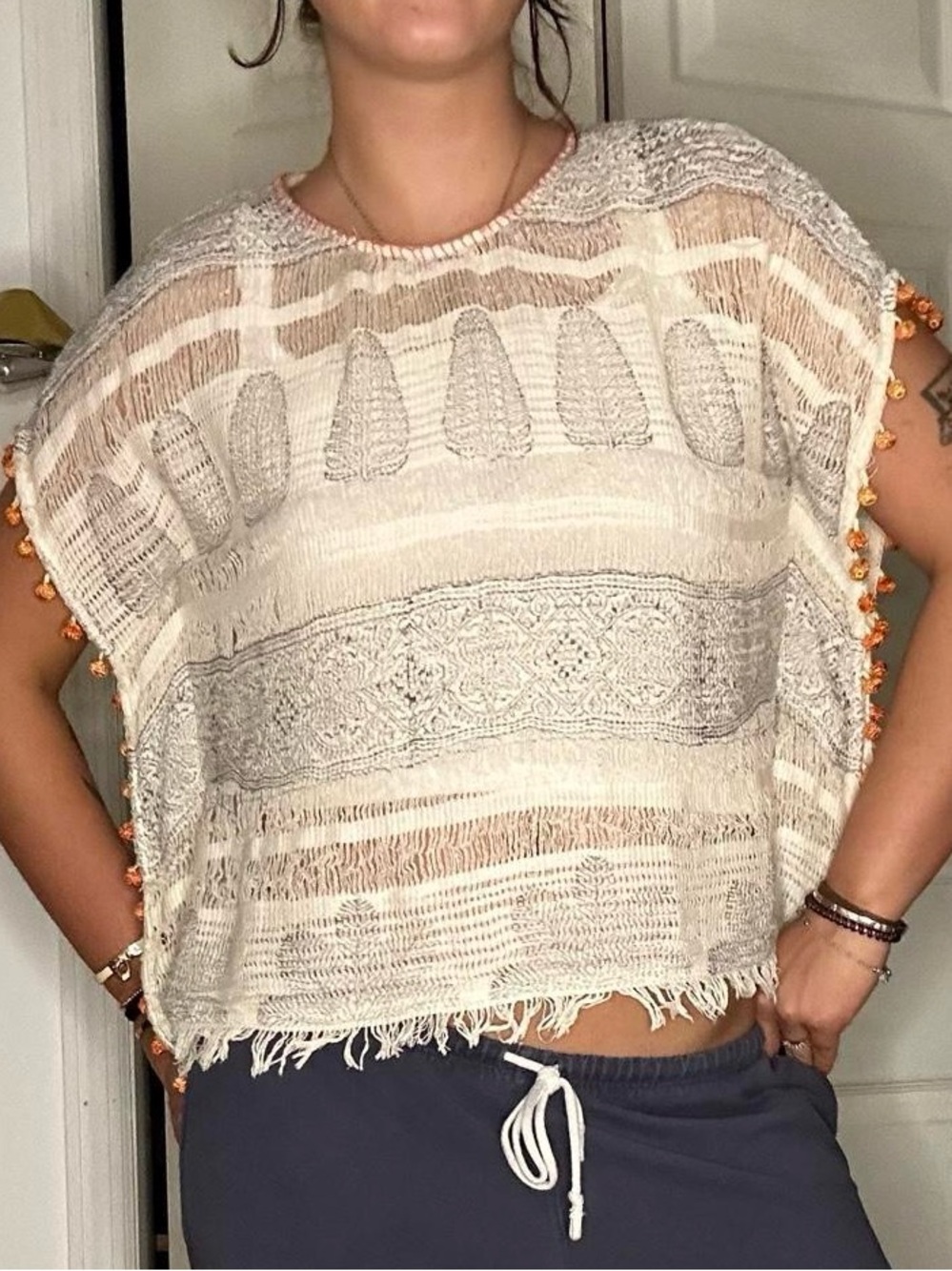THML Cream Shawl Style Top with frayed edges